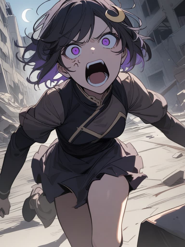  Leaping,beige sharp tentacles,((Anger,screaming,hatred))1.2,murderous intent,mouths open,running,tattered clothes,rubble,collapsed buildings,cool girl,Black hair,(purple eyes),short,cropped hair,crescent moon hair ornament, masterpiece, best quality,8k,ultra detailed,high resolution,an extremely delicate and beautiful,hyper detail