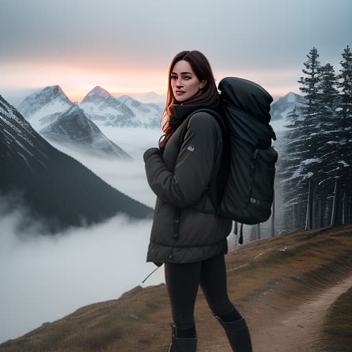  A photograph of a Scandinavian woman (young woman:1.4) walking with ((large hiking backpack)) on a road in the mountains. She is looking at the camera over her shoulder, medium length brown hair, sports jacket and breeches, light hiking boots, mesmerising beautiful nature around, sun rising from behind the mountains, dawn, atmospheric, mesmerising view, 8k, ultra detail, maximum realism, full frame, colour correction, professional photographer quality, style by Paolo Roversi hyperrealistic, full body, detailed clothing, highly detailed, cinematic lighting, stunningly beautiful, intricate, sharp focus, f/1. 8, 85mm, (centered image composition), (professionally color graded), ((bright soft diffused light)), volumetric fog, trending on instagram, trending on tumblr, HDR 4K, 8K