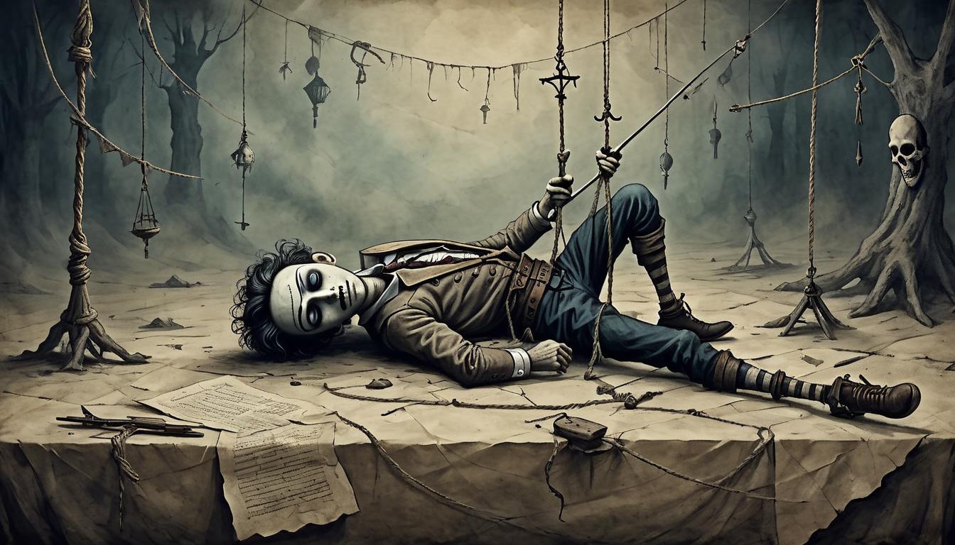  on parchment, surrealism+++, Dark, broken marionette lying on the ground, strings cut, backdrop of desolation, sense of defeat and helplessness(mysterious, provocative, symbolic,muted color)+++