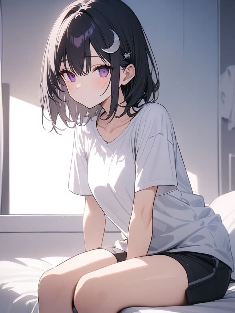  Expressionless,Sitting,leaning forward,white shirt T shirt,shorts,in a room,on a bed,cool girl,Black hair,(purple eyes),short,cropped hair,crescent moon hair ornament,, masterpiece, best quality,8k,ultra detailed,high resolution,an extremely delicate and beautiful,hyper detail