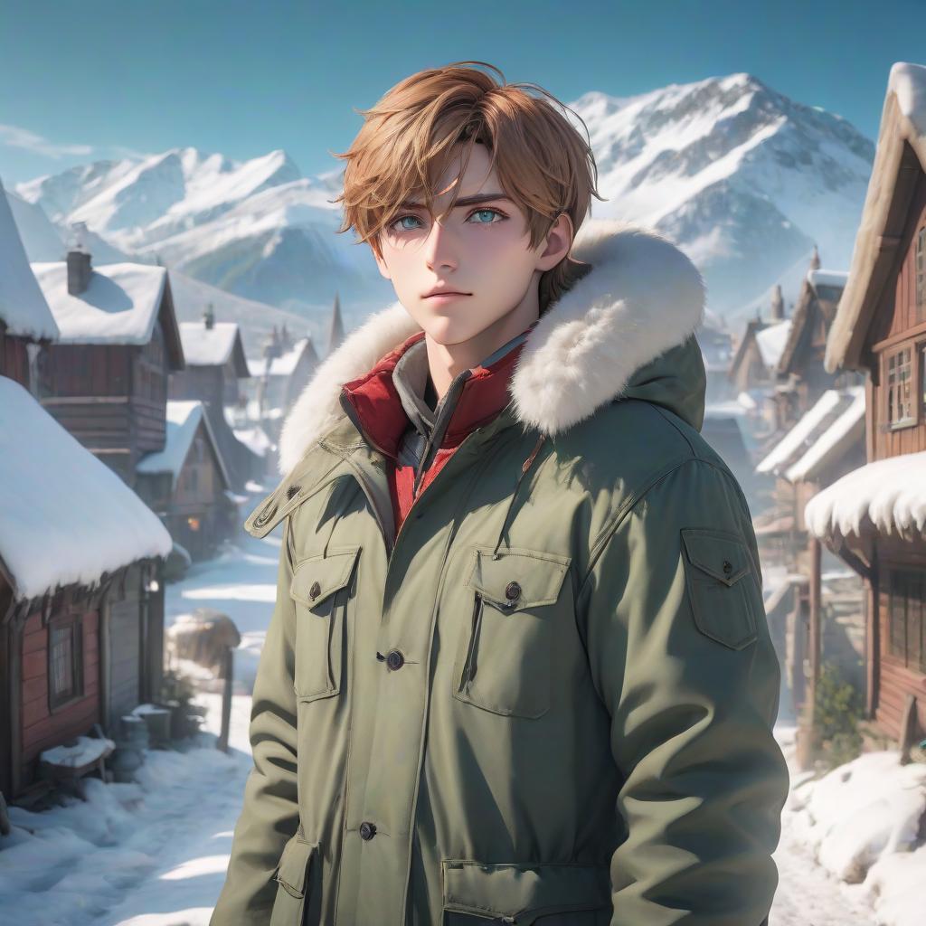  A young man stands in front of a snow covered village on a clear day. He has heterochromia, one eye is red, the other is green. He has light brown hair and a fluffy jacket. hyperrealistic, full body, detailed clothing, highly detailed, cinematic lighting, stunningly beautiful, intricate, sharp focus, f/1. 8, 85mm, (centered image composition), (professionally color graded), ((bright soft diffused light)), volumetric fog, trending on instagram, trending on tumblr, HDR 4K, 8K