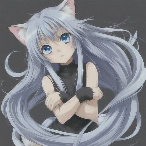  cute anime old cat with blue eyes and long hair