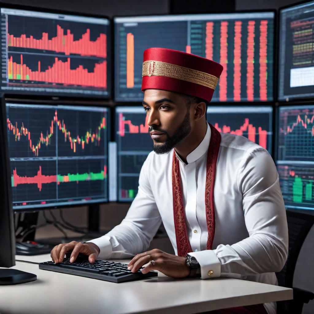  A Moorish American man trading stocks on his computer. The man is wearing a fez and traditional clothing, sitting at a modern desk with multiple computer screens showing stock market charts and trading platforms. The background features a contemporary office with elements of Moorish design, like ornate patterns and arches, blending the traditional with the modern. The man looks focused and engaged, using a mouse and keyboard to make trades. hyperrealistic, full body, detailed clothing, highly detailed, cinematic lighting, stunningly beautiful, intricate, sharp focus, f/1. 8, 85mm, (centered image composition), (professionally color graded), ((bright soft diffused light)), volumetric fog, trending on instagram, trending on tumblr, HDR 4K, 8K