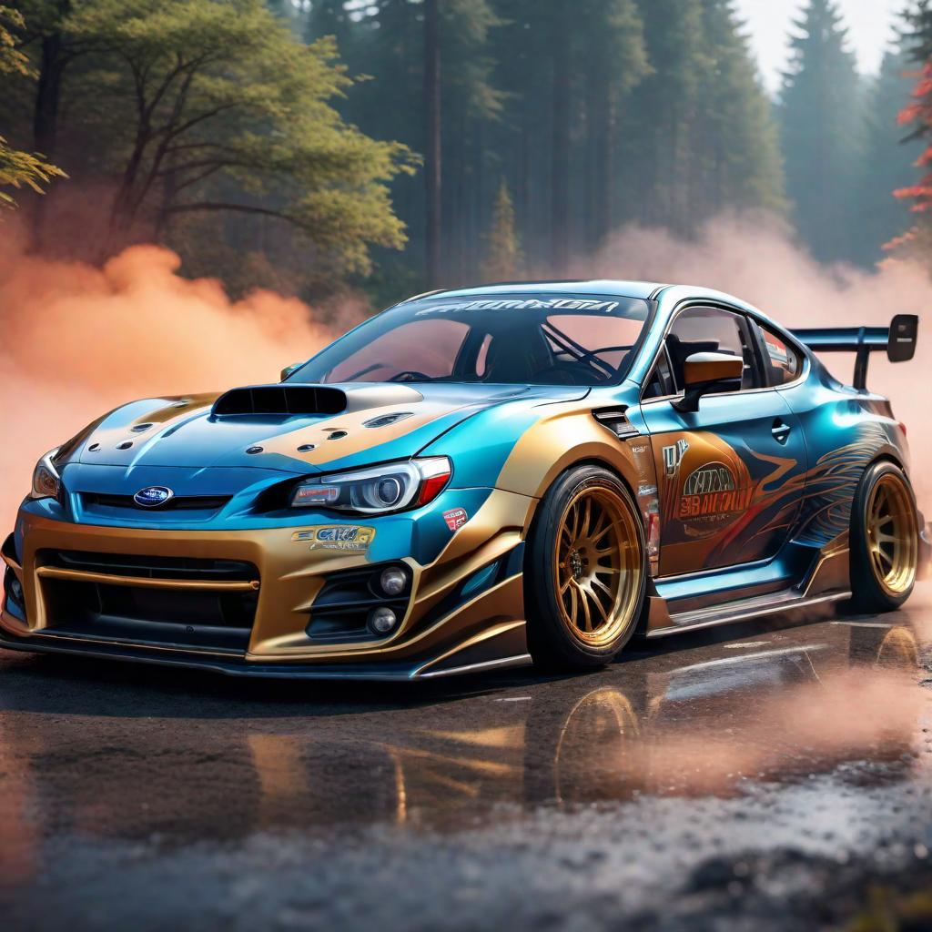  A cartoon drift car based on a Subaru with vibrant colors and exaggerated drift movement. hyperrealistic, full body, detailed clothing, highly detailed, cinematic lighting, stunningly beautiful, intricate, sharp focus, f/1. 8, 85mm, (centered image composition), (professionally color graded), ((bright soft diffused light)), volumetric fog, trending on instagram, trending on tumblr, HDR 4K, 8K