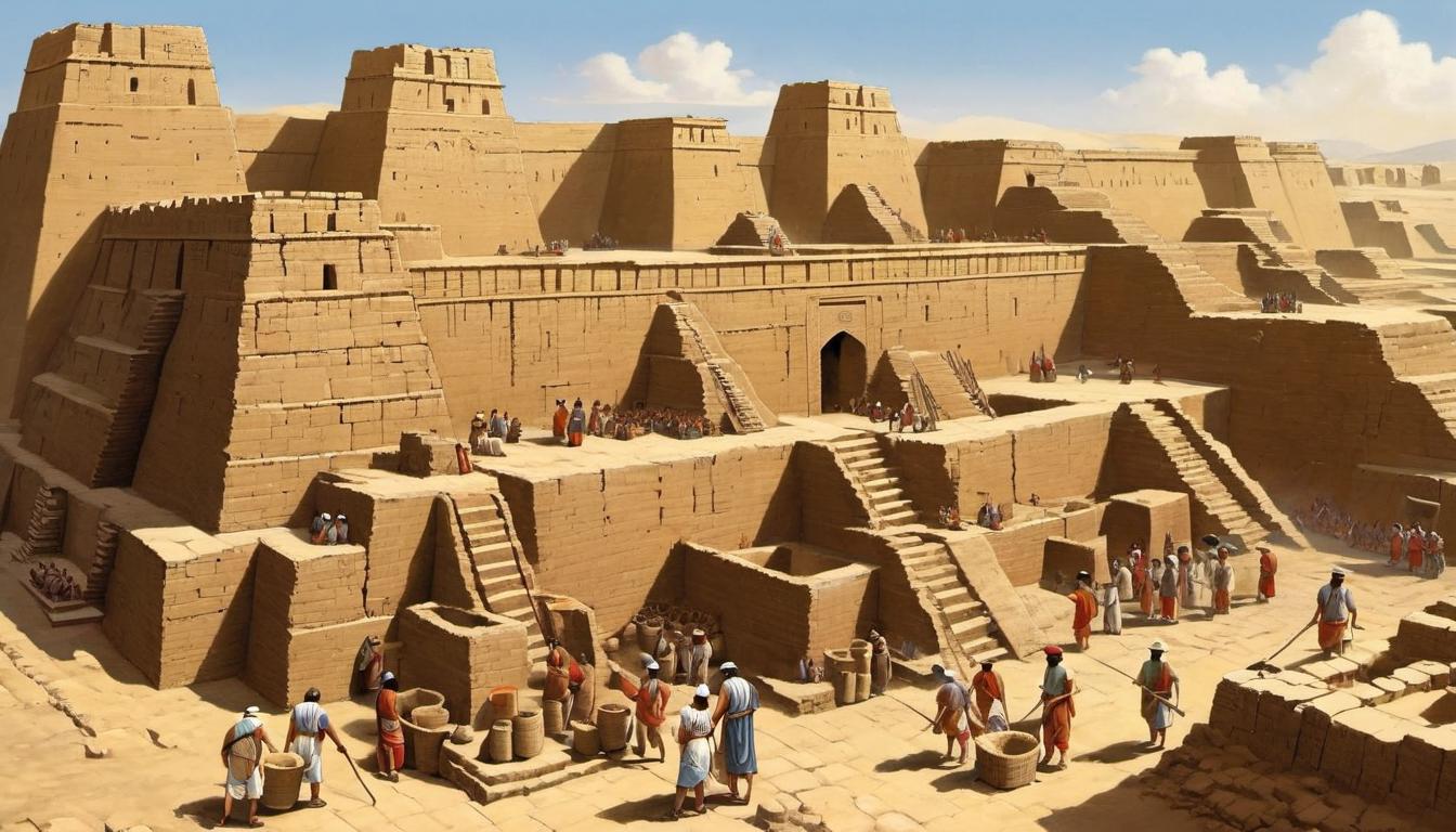  Ancient Babylonian construction workers, in linen garments, mix mud and straw to create bricks, building towering walls under the hot sun. Foremen consult clay tablets while oxen transport materials. The majestic ziggurat of Etemenanki rises in the background, amidst the sounds of chisels and Akkadian instructions.