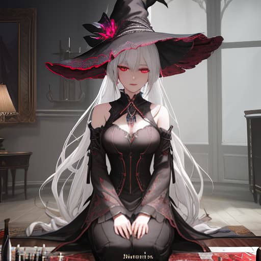  A witch with shoulder length white hair and red eyes sitting playing chess in the living room of a mansion, dressed in a house dress, her hair is pulled into a low ponytail with strands released on her face, small clumps of smoke around her are curses, one of these clumps of curses is sitting on the table in front of her and playing chess with her, Digital art, glow effects, Hand drawn, render, 8k, octane render, cinema 4d, blender, dark, atmospheric 4k ultra detailed, cinematic sensual, Sharp focus, humorous illustration, big depth of field, Masterpiece, colors, 3d octane render, 4k, concept art, trending on artstation, hyperrealistic, Vivid colors, modelshoot style, (extremely detailed CG unity 8k wallpaper), professional majestic oil p hyperrealistic, full body, detailed clothing, highly detailed, cinematic lighting, stunningly beautiful, intricate, sharp focus, f/1. 8, 85mm, (centered image composition), (professionally color graded), ((bright soft diffused light)), volumetric fog, trending on instagram, trending on tumblr, HDR 4K, 8K