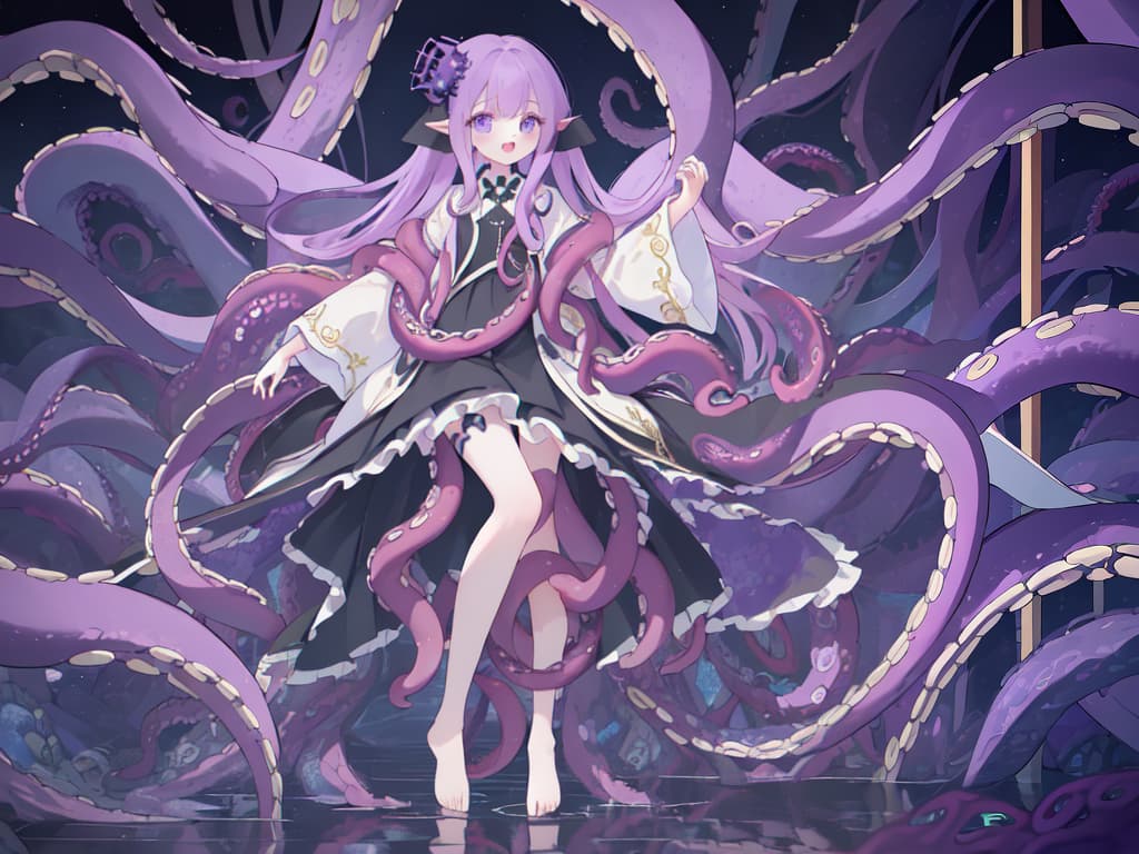  ((full body)),Open mouth,(best quality:1.4、masterpiece:1.4)、((limbs entangled in tentacles))、half eyes、purple hair、ジト目, masterpiece, best quality,8k,ultra detailed,high resolution,an extremely delicate and beautiful,hyper detail