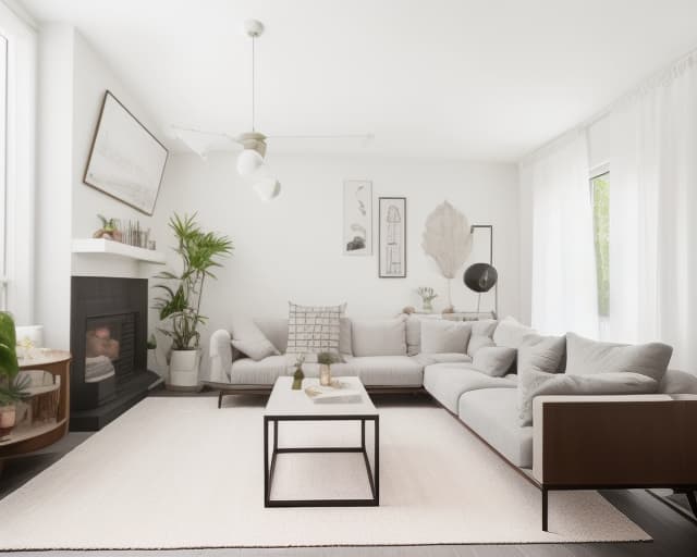  Living Room, Cozy, comfortable, family time, relaxation, entertainment, decor, furniture, lighting The room depicted in the image exhibits a minimalist and contemporary living room theme, emphasizing clean lines and neutral tones. Contemporary minimalist living room with a white sectional sofa, wooden accent chairs, geometric rug, and large leaf artwork. minimalist, contemporary, living room, white sectional sofa, wooden accent chairs, geometric rug, large leaf artwork earhty colors