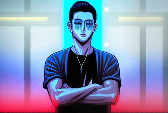 mdjrny-v4 style Anime style portrait of a young man with short, spiky black hair and blue eyes. He is wearing a black jacket over a white shirt, paired with dark jeans and combat boots. The background features an urban cityscape at dusk, illuminated by neon lights. Detailed and expressive, with a confident and determined look.