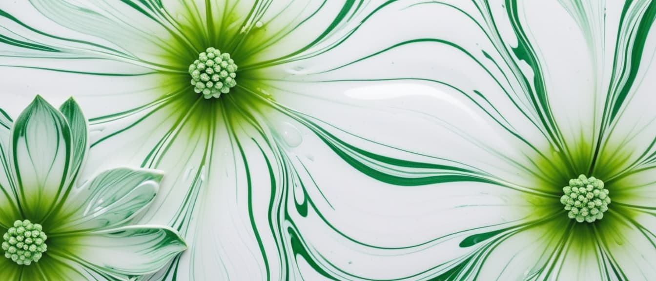  Macro Photography, Abstract white marbled ink background with green flowers., close up, macro 100mm, macro photography