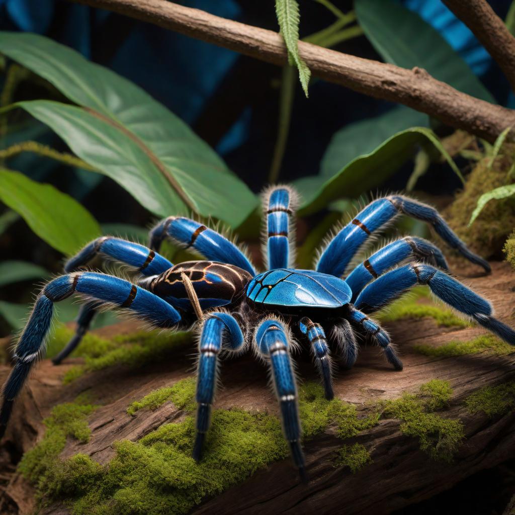  a vivid metallic blue tarantula, specifically Poecilotheria metallica, also known as the Gooty sapphire ornamental, in a natural forest habitat hyperrealistic, full body, detailed clothing, highly detailed, cinematic lighting, stunningly beautiful, intricate, sharp focus, f/1. 8, 85mm, (centered image composition), (professionally color graded), ((bright soft diffused light)), volumetric fog, trending on instagram, trending on tumblr, HDR 4K, 8K