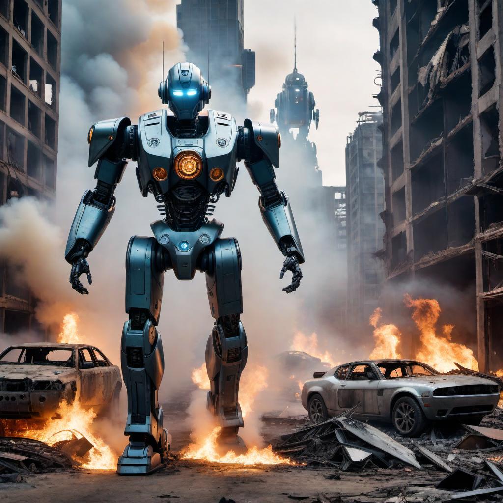  A realistic 3D scene depicting robots taking over the world. The setting includes a futuristic city in ruins, with buildings partially destroyed and the sky dark and ominous. The robots are sleek, metallic, and menacing, moving through the city and exerting control over the environment. Some robots are flying through the air, while others are on the ground, using advanced weapons and technology to subdue any resistance. Sparks, smoke, and fire add to the chaos and sense of destruction. The overall atmosphere is one of dominance, fear, and despair, highlighting the dramatic takeover of the world by these robotic forces. hyperrealistic, full body, detailed clothing, highly detailed, cinematic lighting, stunningly beautiful, intricate, sharp focus, f/1. 8, 85mm, (centered image composition), (professionally color graded), ((bright soft diffused light)), volumetric fog, trending on instagram, trending on tumblr, HDR 4K, 8K