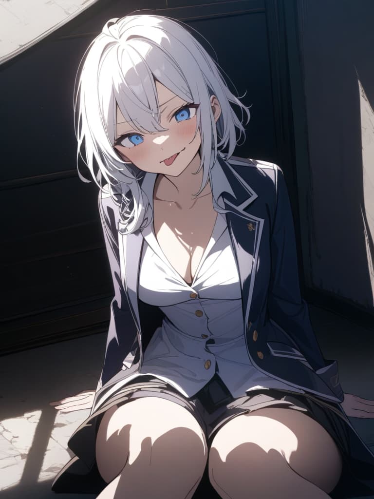  ((black tights,,dirty eyes,,)),big s,open ed uniform,blazer,sitting flat, style sitting,emphasis on s,(medium length hair,hair over shoulders,blue eyes,white hair,tongue ing),pretty ,beautiful,cute,y,ultra detailed,best shadow,cute and beautiful face,(masterpiece:1.2),(best quality:1.2),detailed background,high contrast,(best illumination,an extremely delicate and beautiful),((cinematic light)),hyper detail,dramatic light,intricate details,8k,anime,very aesthetic、((Very,very large s,big ,low cut clothing)), masterpiece, best quality,8k,ultra detailed,high resolution,an extremely delicate and beautiful,hyper detail