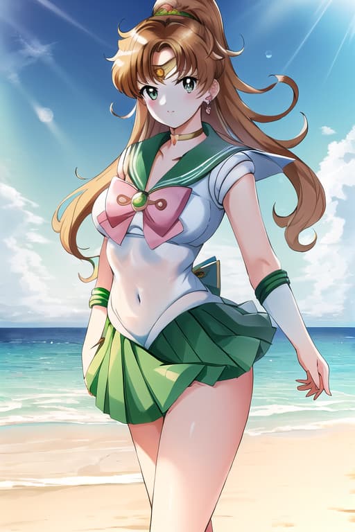  named,(sailor jupiter:1.3), (masterpiece), (highest quality), (intricate), (high detail),Girl at beach, An extremely detailed illustration of a cute beautiful women on the sea beach, detailed water, masterpiece, best quality, high quality, solo