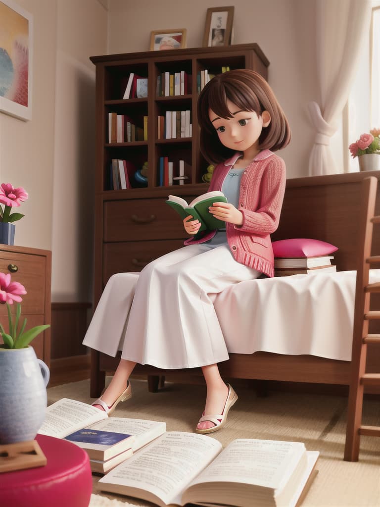  one woman, reading a book in a neatly decorated bedroom