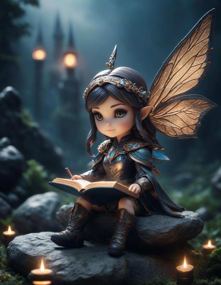  3D visualization, Unreal Engine, (futurism: 1.7), fantasy, (magic: 2.5), (chibi) miniature, little pixie fairy, sitting on a stone and reading a book, ((chibi style)) extremely high resolution details, photographic, realism pushed to extreme, fine texture, incredibly lifelike, gothic style {prompt} . dark, mysterious, haunting, dramatic, ornate, detailed hyperrealistic, full body, detailed clothing, highly detailed, cinematic lighting, stunningly beautiful, intricate, sharp focus, f/1. 8, 85mm, (centered image composition), (professionally color graded), ((bright soft diffused light)), volumetric fog, trending on instagram, trending on tumblr, HDR 4K, 8K