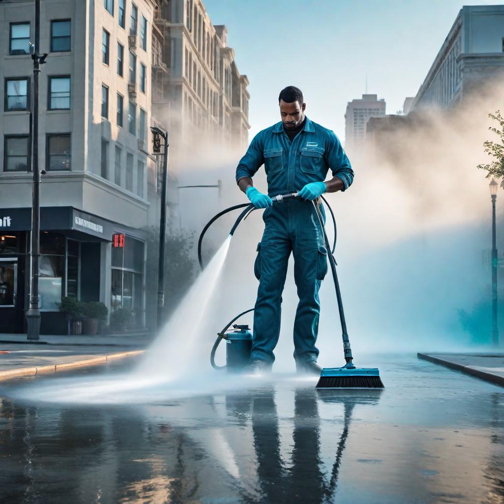  Company logo for a pressure washing business in San Francisco, California. The logo should include the silhouette of a man pressure washing the ground. The ground can be solid or outlined. The word 'Aqua-Jet' should be spelled out in a unique bold font. hyperrealistic, full body, detailed clothing, highly detailed, cinematic lighting, stunningly beautiful, intricate, sharp focus, f/1. 8, 85mm, (centered image composition), (professionally color graded), ((bright soft diffused light)), volumetric fog, trending on instagram, trending on tumblr, HDR 4K, 8K