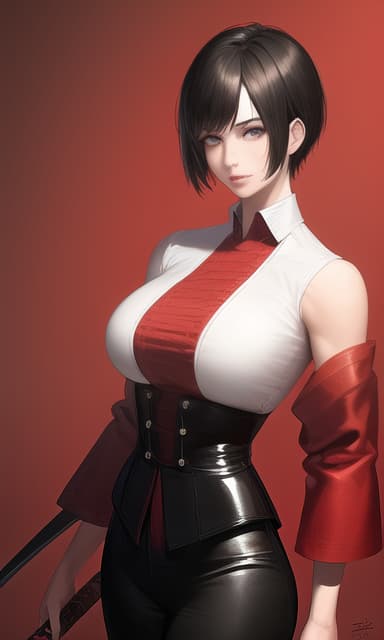  Black Hair, Very Short Hair, Woman, Older, White Dress Shirt, Red Corset, Black Leather Pants, Long JAPANESE SWORD, Muscurate ES, Accurate Hands, Japanese Red Armor on Shoulders and Arms, high quality, carefully Draw, one eye hidden with bangs, COWBOY SHOT, (Masterpiece, BestQuality:1.3), (ultra detailed:1.2), (hyperrealistic:1.3), (RAW photo:1.2),High detail RAW color photo, professional photograph, (Photorealistic:1.4), (realistic:1.4), ,professional lighting, (japanese), beautiful face, (realistic face)