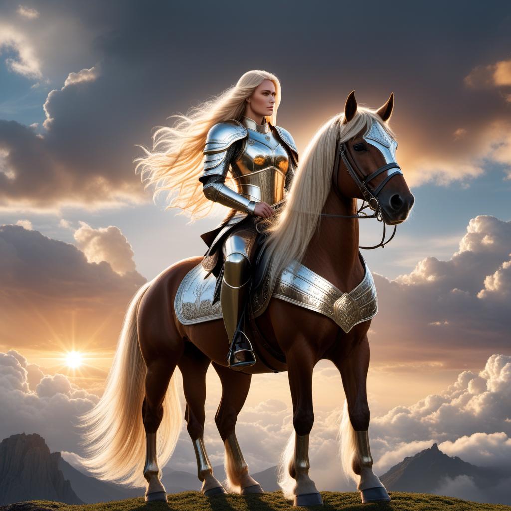  An illustration of a person sitting on a majestic battle horse, wearing shiny armor with long flowing blond hair, against a dramatic backdrop with clouds and a sunset. hyperrealistic, full body, detailed clothing, highly detailed, cinematic lighting, stunningly beautiful, intricate, sharp focus, f/1. 8, 85mm, (centered image composition), (professionally color graded), ((bright soft diffused light)), volumetric fog, trending on instagram, trending on tumblr, HDR 4K, 8K