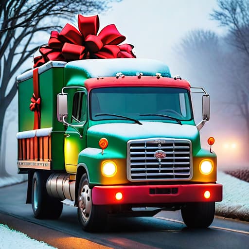  Truck Christmas, truck in a Christmas bow, the most Christmas truck ever hyperrealistic, full body, detailed clothing, highly detailed, cinematic lighting, stunningly beautiful, intricate, sharp focus, f/1. 8, 85mm, (centered image composition), (professionally color graded), ((bright soft diffused light)), volumetric fog, trending on instagram, trending on tumblr, HDR 4K, 8K