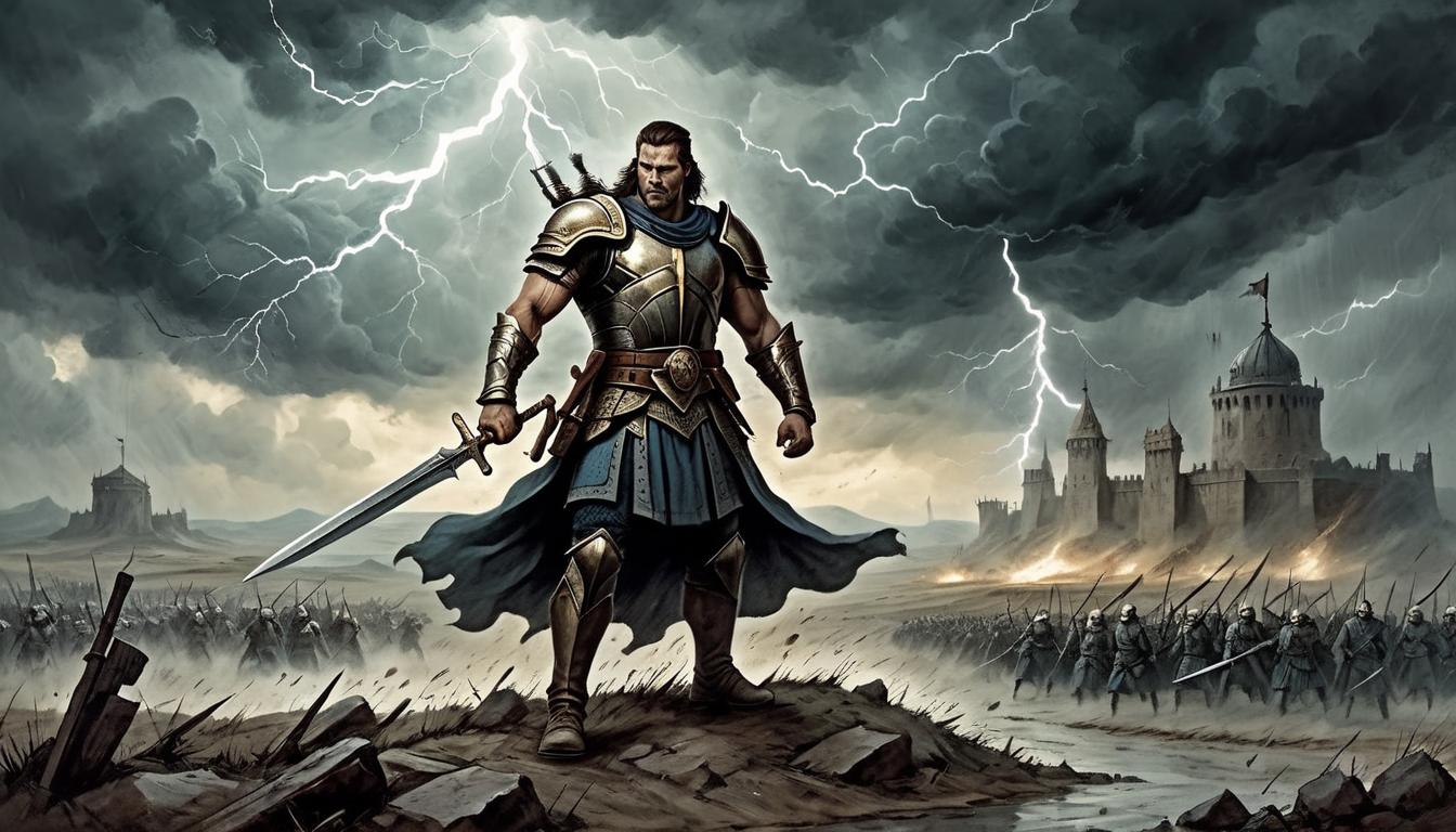  on parchment, surrealism+++, A warrior standing on a battlefield under a stormy sky, battle worn but resolute, lightning illuminating the scene, determination, transformative force(mysterious, provocative, symbolic,muted color)+++