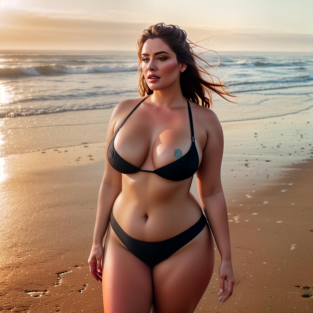  a Chubby American gir at beach, portrait hyperrealistic, full body, detailed clothing, highly detailed, cinematic lighting, stunningly beautiful, intricate, sharp focus, f/1. 8, 85mm, (centered image composition), (professionally color graded), ((bright soft diffused light)), volumetric fog, trending on instagram, trending on tumblr, HDR 4K, 8K