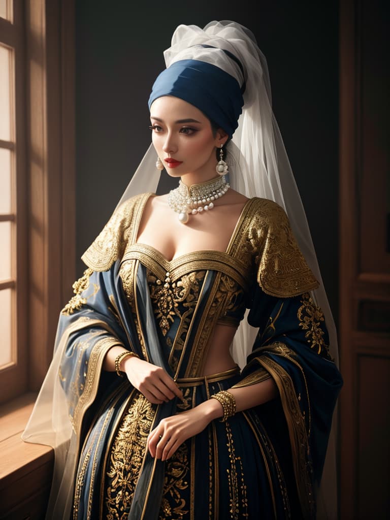  a painting of a girl with a pearl earring hyperrealistic, full body, detailed clothing, highly detailed, cinematic lighting, stunningly beautiful, intricate, sharp focus, f/1. 8, 85mm, (centered image composition), (professionally color graded), ((bright soft diffused light)), volumetric fog, trending on instagram, trending on tumblr, HDR 4K, 8K