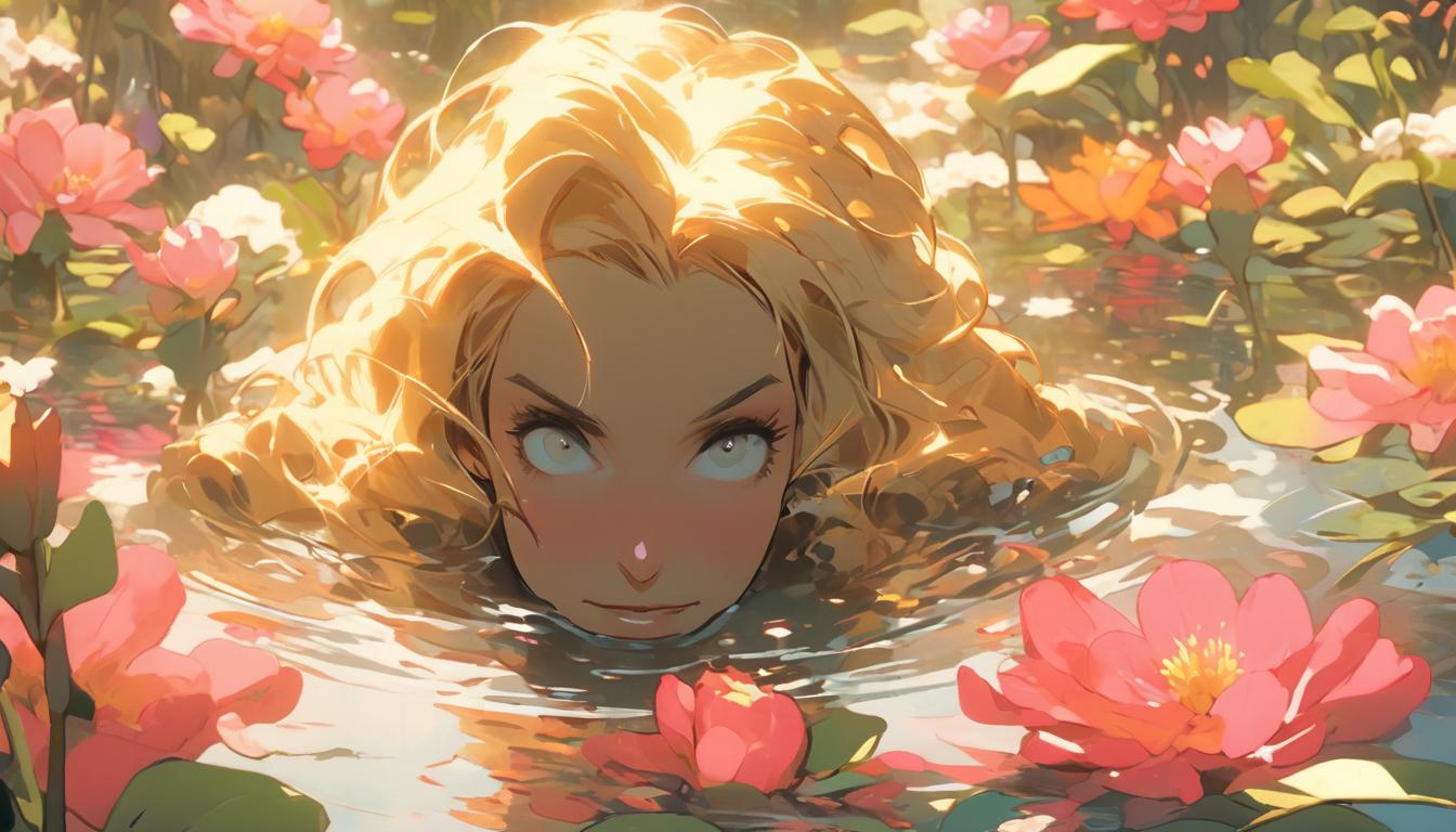  hyperrealism,fantasy aesthetic1woman, large busted blonde arian female humanoid, looking into a reflective pool, serene expression, surrounded by blooming flowers, high tech clothing clad in sleek, futuristic costume with metallic accents and form fitting designs, marvel superhero comics style, unreal engine rendering