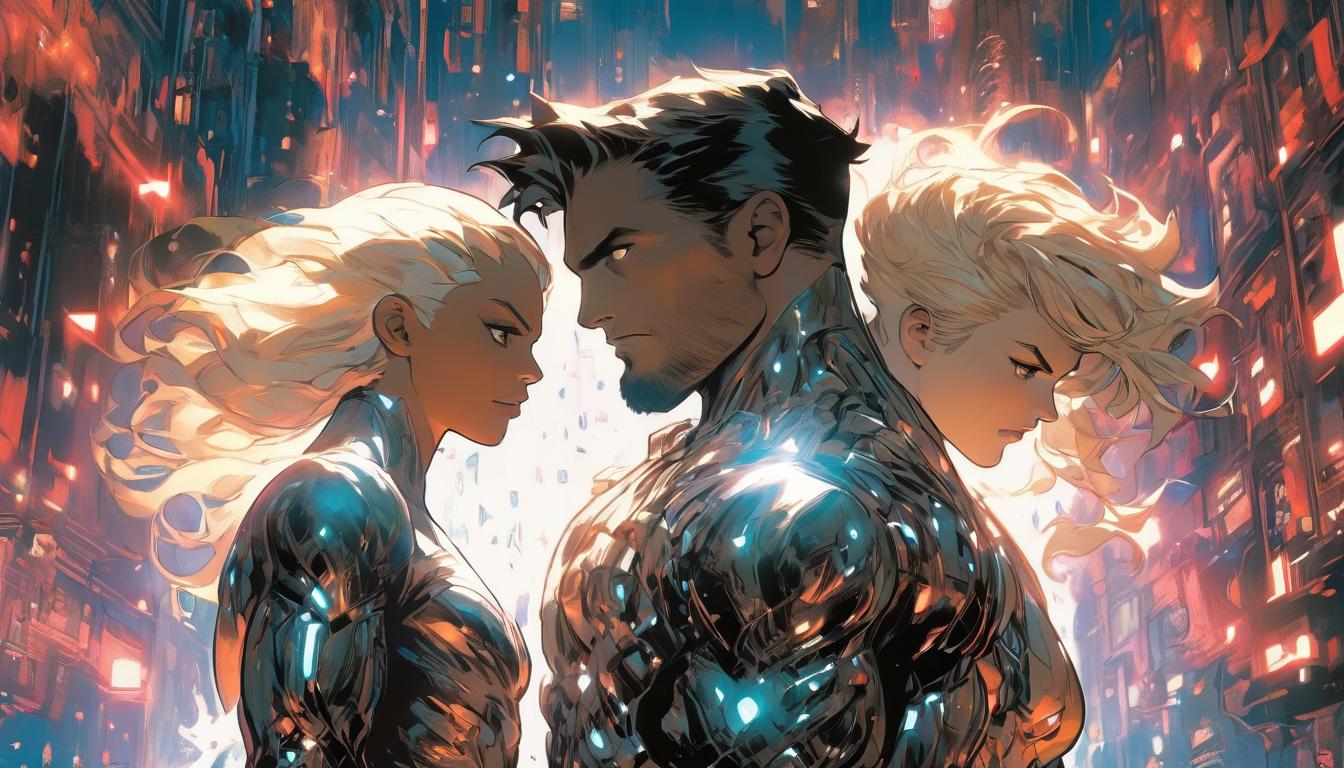  hyperrealism,fantasy aesthetic1man1woman, attractive brunette arian male humanoid and large busted blonde arian female humanoid, standing in unison, surrounded by a boundary of shimmering light, symbolizing unyielding personal power, high tech clothing clad in sleek, futuristic costume with metallic accents and form fitting designs, marvel superhero comics style, unreal engine rendering