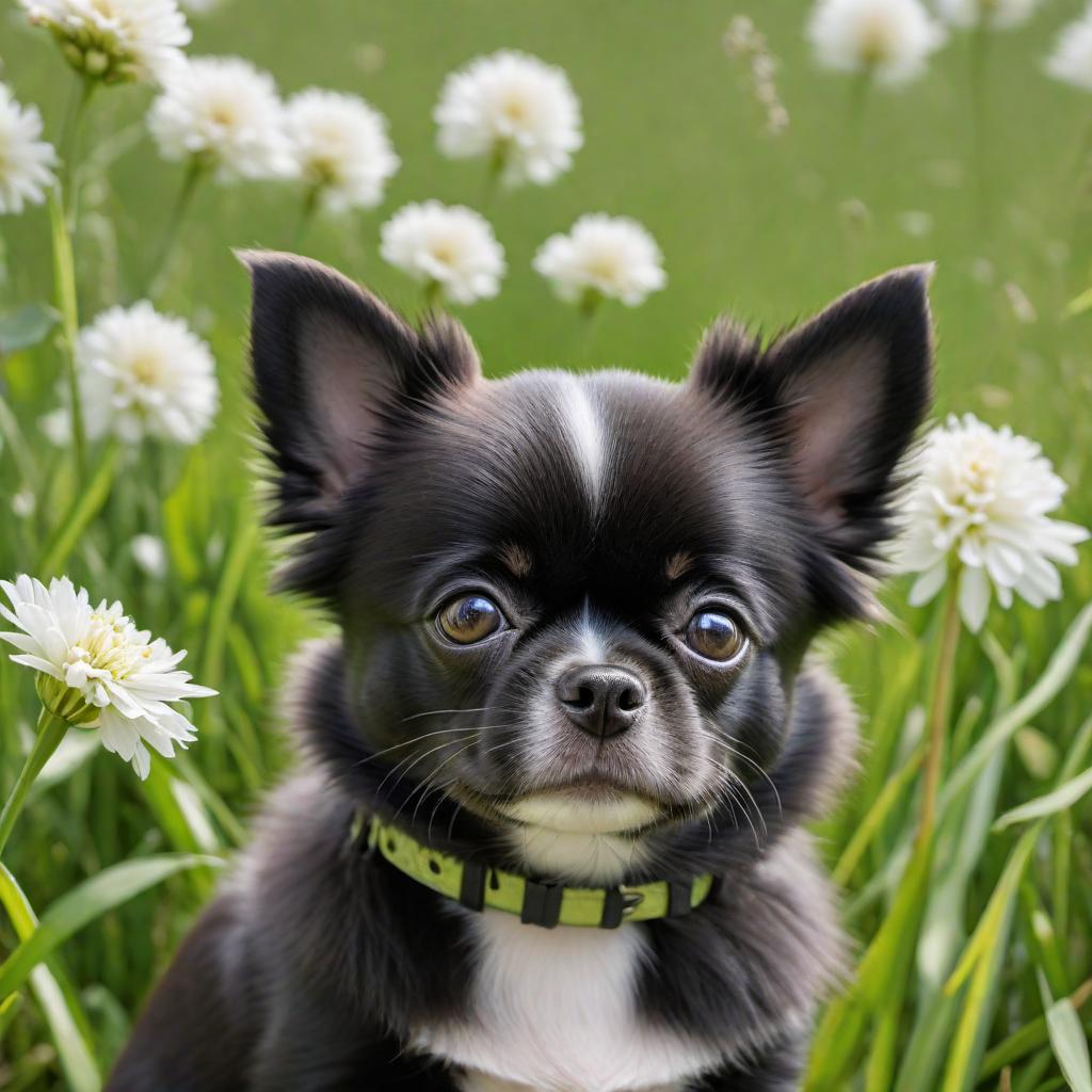  A small black Pomeranian mixed with Boston Terrier, featuring the fluffy fur and pointed ears of a Pomeranian with the face and build resembling a Boston Terrier. The dog has a cheerful expression and is sitting on a green grassy field with a bright blue sky in the background. hyperrealistic, full body, detailed clothing, highly detailed, cinematic lighting, stunningly beautiful, intricate, sharp focus, f/1. 8, 85mm, (centered image composition), (professionally color graded), ((bright soft diffused light)), volumetric fog, trending on instagram, trending on tumblr, HDR 4K, 8K