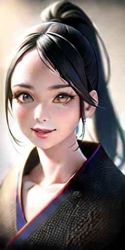  Girl, facing in front, ponytail, black hair, hair ornament, smile, floral pattern,, (Masterpiece, BestQuality:1.3), (ultra detailed:1.2), (hyperrealistic:1.3), (RAW photo:1.2),High detail RAW color photo, professional photograph, (Photorealistic:1.4), (realistic:1.4), ,professional lighting, (japanese), beautiful face, (realistic face)