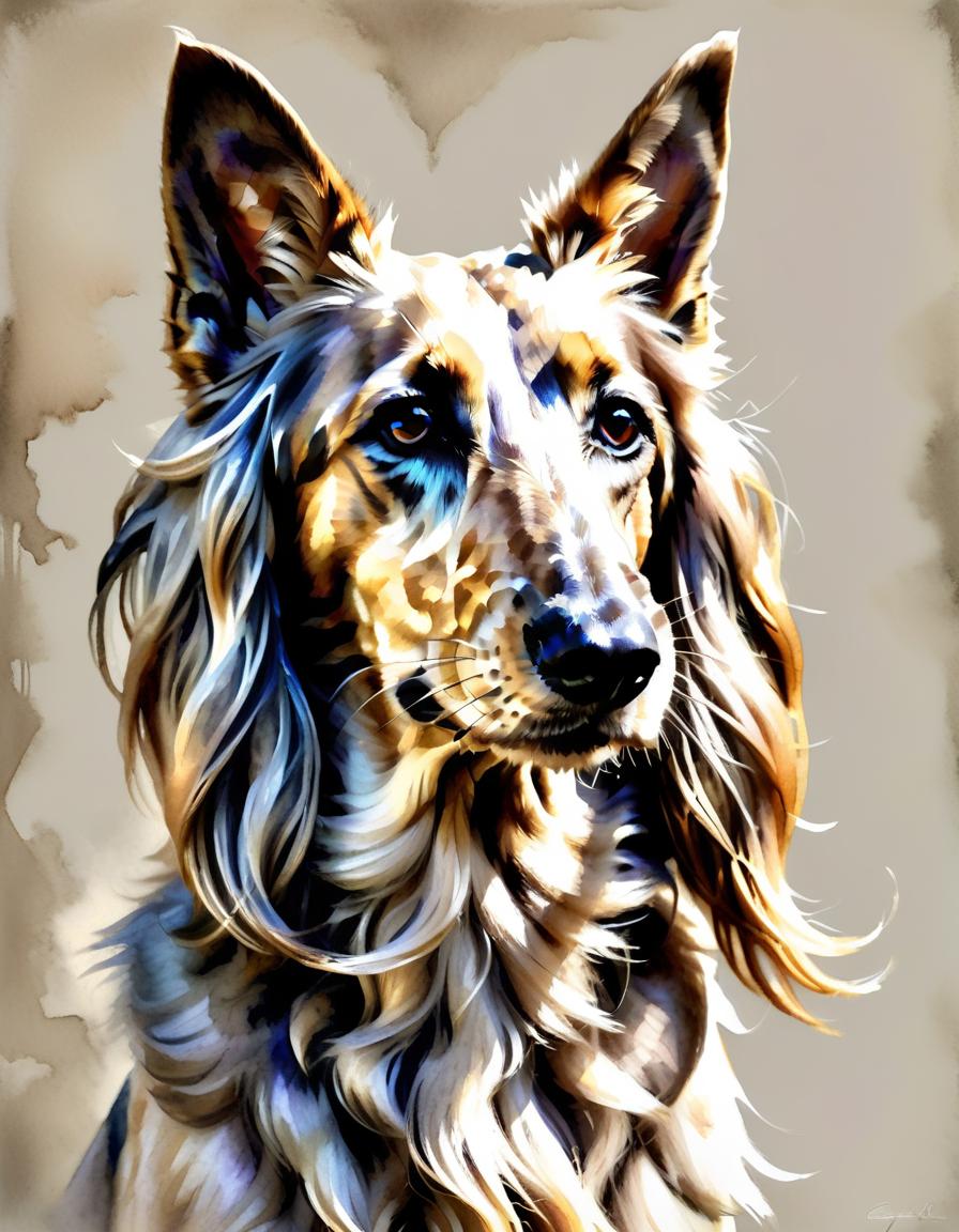  watercolor painting A portrait light beige Afghan hound expressive (((very very small triangular eyes, long narrow noble muzzle, loose lush hair on the head and ears))) flying away from the wind, intricate details, airy aura, bizarre elements, rich color palette, watercolor colored ink, textured strokes, fabulous quality, intricate patterns inspired by fantasy, magical atmosphere, surreal lighting, style by Gabriel Pacheco, Michael Sova, Bernard Kliban . vibrant, beautiful, painterly, detailed, textural, artistic hyperrealistic, full body, detailed clothing, highly detailed, cinematic lighting, stunningly beautiful, intricate, sharp focus, f/1. 8, 85mm, (centered image composition), (professionally color graded), ((bright soft diffused light)), volumetric fog, trending on instagram, trending on tumblr, HDR 4K, 8K