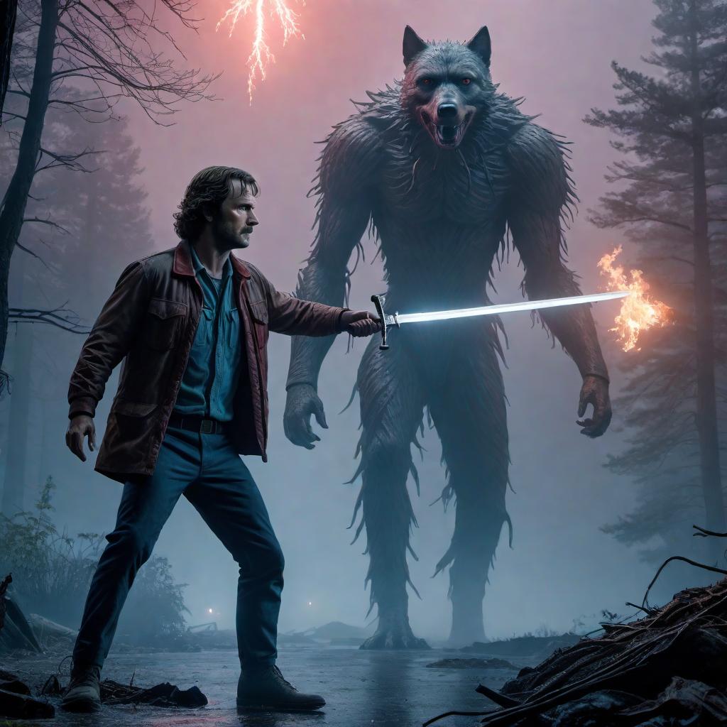  A detailed drawing of The Upside Down from Stranger Things featuring Hopper holding a sword, fighting a demodog. The scene should capture the eerie, dark atmosphere of The Upside Down, with foggy surroundings, strange glowing particles floating in the air, and the desolate environment. Hopper should look brave and determined as he battles the demodog. hyperrealistic, full body, detailed clothing, highly detailed, cinematic lighting, stunningly beautiful, intricate, sharp focus, f/1. 8, 85mm, (centered image composition), (professionally color graded), ((bright soft diffused light)), volumetric fog, trending on instagram, trending on tumblr, HDR 4K, 8K