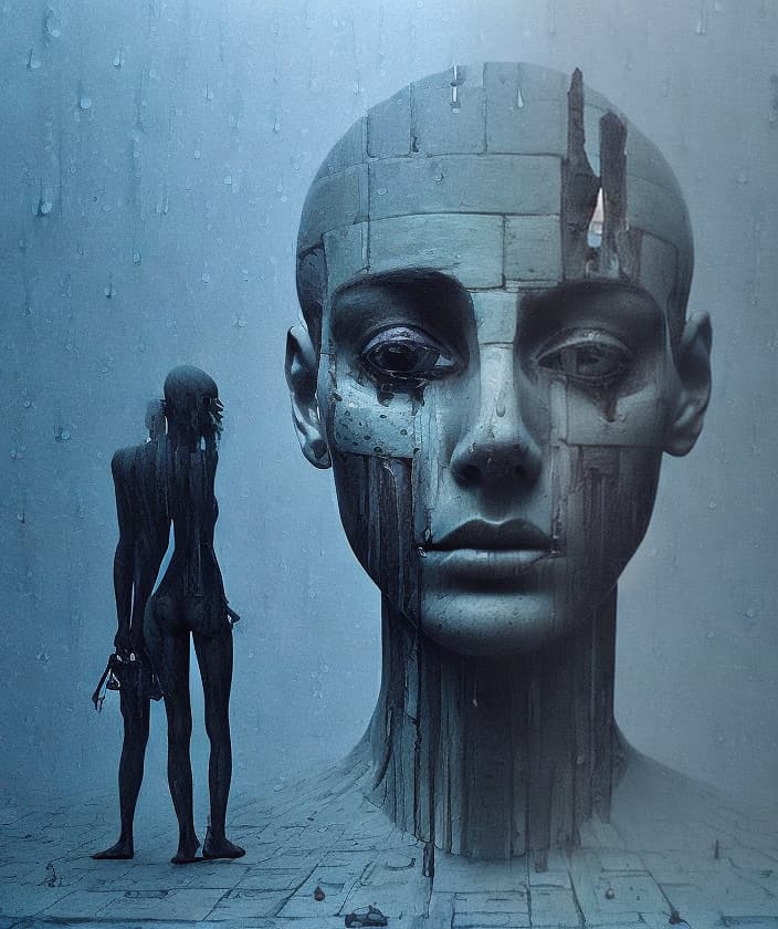 portrait+ style mannequins Beksiński pain fear guillotine chessboard death time cry rain