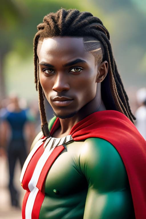  Young African aged 15, very beautiful with black superhero costume, long cape in the colors of the flag of Kenya red green black white, Afro dreadlocks, zes and savannah in the background, very beautiful, brown eyes, almond shaped eyes, small s, beautiful smile hyperrealistic, full body, detailed clothing, highly detailed, cinematic lighting, stunningly beautiful, intricate, sharp focus, f/1. 8, 85mm, (centered image composition), (professionally color graded), ((bright soft diffused light)), volumetric fog, trending on instagram, trending on tumblr, HDR 4K, 8K