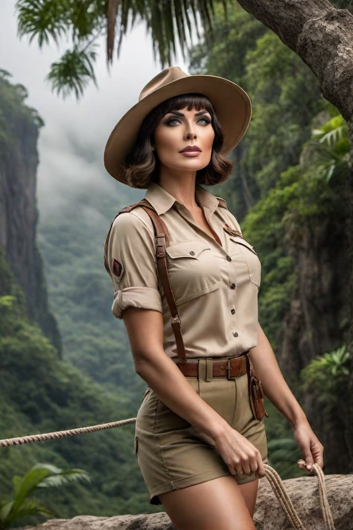  Show a scared and screaming 1930’s era female jungle explorer ,Velma ,wearing khaki shorts and khaki shirt with khaki knee socks, dangling from the edge of a cliff by a rope hyperrealistic, full body, detailed clothing, highly detailed, cinematic lighting, stunningly beautiful, intricate, sharp focus, f/1. 8, 85mm, (centered image composition), (professionally color graded), ((bright soft diffused light)), volumetric fog, trending on instagram, trending on tumblr, HDR 4K, 8K