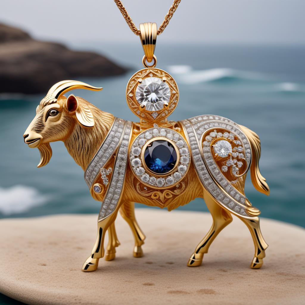  A diamond-clustered goat pendant with intricate details, wearing three golden crowns adorned with gemstones. The goat is standing on a surfboard. The pendant exudes luxury, with shimmering diamonds and finely crafted gold elements. The surfboard has subtle wave patterns, and the pendant background has a rich, elegant texture. hyperrealistic, full body, detailed clothing, highly detailed, cinematic lighting, stunningly beautiful, intricate, sharp focus, f/1. 8, 85mm, (centered image composition), (professionally color graded), ((bright soft diffused light)), volumetric fog, trending on instagram, trending on tumblr, HDR 4K, 8K