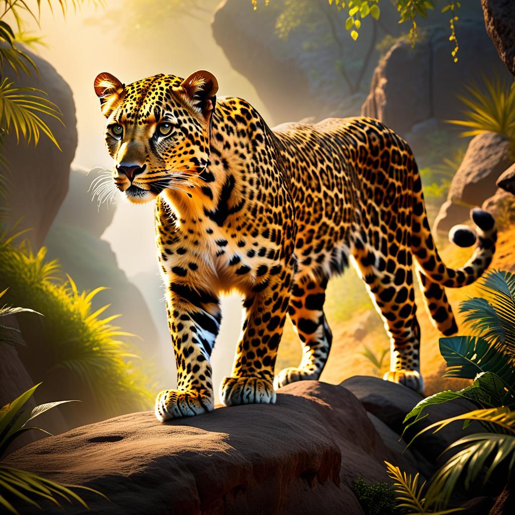  ethereal fantasy concept art of The Arabian leopard can still be found in the depths of the Dhofar Mountains. An endangered but not yet completely extinct species. The huge cat slipped silently past. It wasn't alone. A second leopard showed up, moving faster, younger, more excited. Then a third. A male huge paws that flattened with each step, yellowish claws. The female was climbing a rocky slope, following a path known to her alone. She had mocha coffee coloured skin and straight, shiny black hair down to her waist. The woman walked surrounded by leopards, climbing higher and higher and heading for the tomb at the top. Her silhouette seemed to shake like a mirage above the sun hot sand. . magnificent, celestial, ethereal, painterly, epi hyperrealistic, full body, detailed clothing, highly detailed, cinematic lighting, stunningly beautiful, intricate, sharp focus, f/1. 8, 85mm, (centered image composition), (professionally color graded), ((bright soft diffused light)), volumetric fog, trending on instagram, trending on tumblr, HDR 4K, 8K