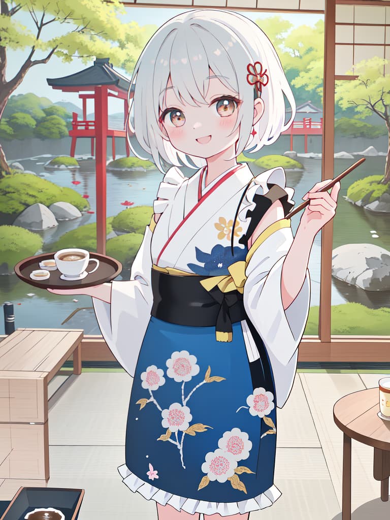  Japanese Painting Style, FRILL APRON, BARE SHOULDER, CARRY A TRAY, HAPPY SMILE, Japanese Cafe, Best Quality: 1.4, ULTRA DETALED EXTURE, Raw PhotOREALISTIC, Absurd Resolution, 8k Illustration, 💩, 💩, 💩, 💩, 💩, 💩,, masterpiece, best quality,8k,ultra detailed,high resolution,an extremely delicate and beautiful,hyper detail