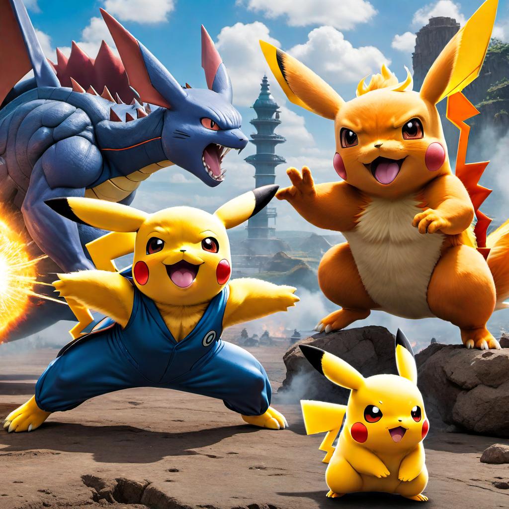  Epic battle scene where Pokémon characters are fighting Dragon Ball characters. Pikachu is using its electric attack against Goku in his Super Saiyan form, Charizard is breathing fire at Vegeta, and Blastoise is launching water cannons at Piccolo. The background is a dramatic and colorful battlefield with energy blasts and intense action. hyperrealistic, full body, detailed clothing, highly detailed, cinematic lighting, stunningly beautiful, intricate, sharp focus, f/1. 8, 85mm, (centered image composition), (professionally color graded), ((bright soft diffused light)), volumetric fog, trending on instagram, trending on tumblr, HDR 4K, 8K