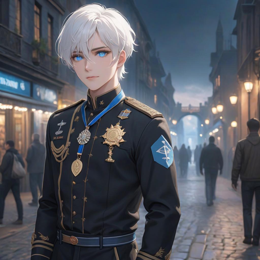  A has white hair, blue eyes, a white lace , a medal, and black pants. A boy is nearby, also with white hair, blue eyes, a white lace , a medal, and black pants. hyperrealistic, full body, detailed clothing, highly detailed, cinematic lighting, stunningly beautiful, intricate, sharp focus, f/1. 8, 85mm, (centered image composition), (professionally color graded), ((bright soft diffused light)), volumetric fog, trending on instagram, trending on tumblr, HDR 4K, 8K