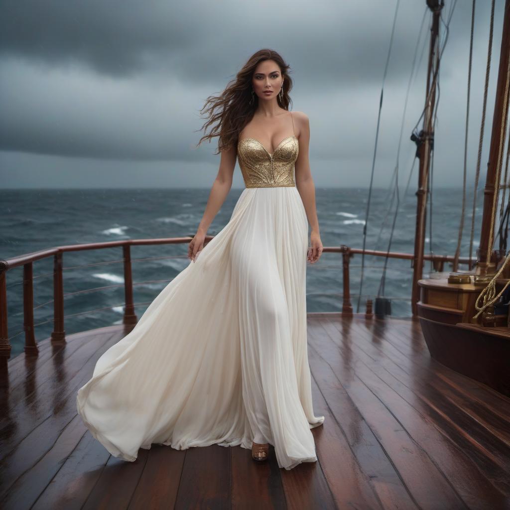  cinematic photo A girl in a white gold dress on the deck of a pirate ship in a storm in the middle of the ocean. . 35mm photograph, film, bokeh, professional, 4k, highly detailed hyperrealistic, full body, detailed clothing, highly detailed, cinematic lighting, stunningly beautiful, intricate, sharp focus, f/1. 8, 85mm, (centered image composition), (professionally color graded), ((bright soft diffused light)), volumetric fog, trending on instagram, trending on tumblr, HDR 4K, 8K