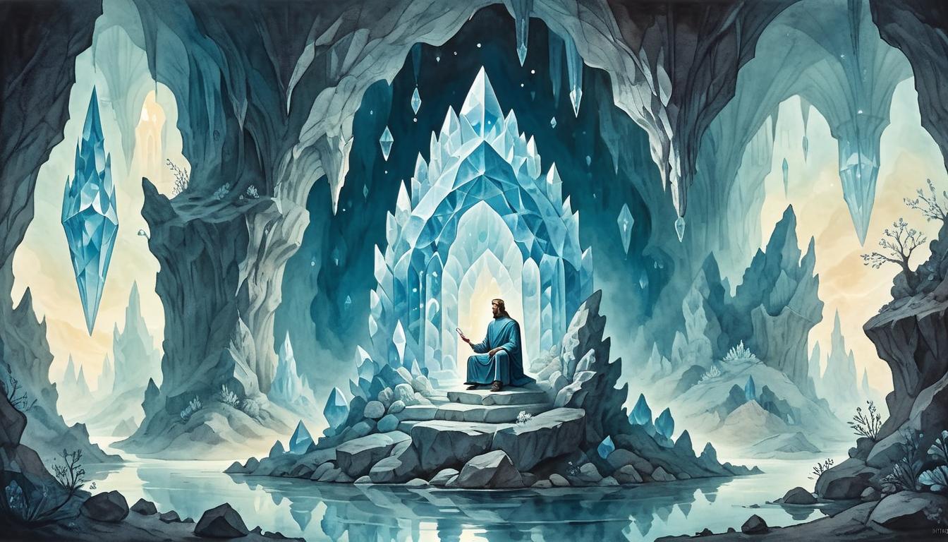  on parchment, surrealism+++, Meditative figure seated inside a crystal cave, illuminated by soft, glowing light, reflection of crystals creating an ethereal atmosphere, journey inward(mysterious, provocative, symbolic,muted color)+++