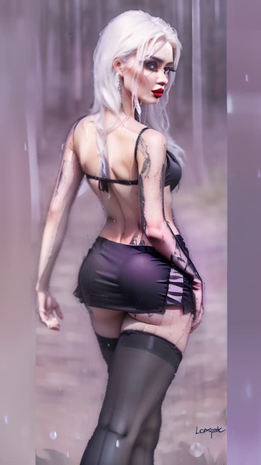  4k, realism, forest in the background, soft rain, beautiful Slavic , long light hair, black fitting mini , black , black stockings, high heels, bare back, bare shoulders, thin waist, full hips, large , smoky makeup, wide lips, dark lipstick, marked face., (intricate details:0.9), (hdr, hyperdetailed:1.2) hyperrealistic, full body, detailed clothing, highly detailed, cinematic lighting, stunningly beautiful, intricate, sharp focus, f/1. 8, 85mm, (centered image composition), (professionally color graded), ((bright soft diffused light)), volumetric fog, trending on instagram, trending on tumblr, HDR 4K, 8K