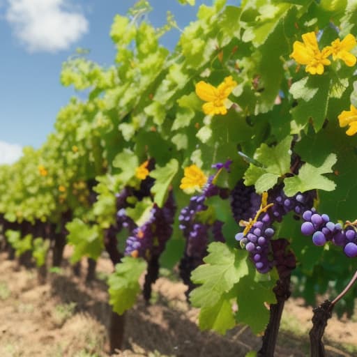  Various bright flowers growing along a grape vine