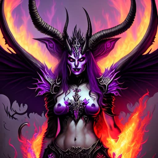  Purple demon queen with red eyes, horns and fairy wings in flames