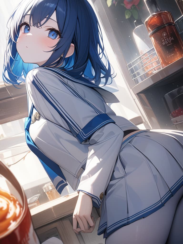  Cute, , blue hair, blue eyes, short bob, thin body, white skin, sauce, , blueberry decoration, sailor suit, , masterpiece, best quality,8k,ultra detailed,high resolution,an extremely delicate and beautiful,hyper detail