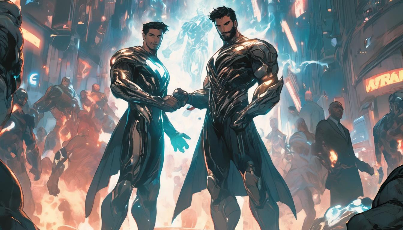  hyperrealism,fantasy aesthetic1man, attractive dark haired arian male humanoid, sleek business attire, shaking hands with a smiling colleague, glowing energy radiating from them, office setting, high tech clothing clad in sleek, futuristic costume with metallic accents and form fitting designs, marvel superhero comics style, unreal engine rendering