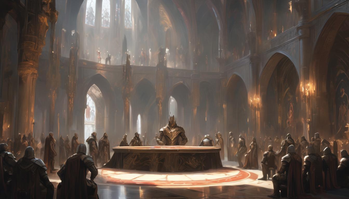  hyperrealism,fantasy aestheticA large, ornately decorated round table, knights seated in equal positions, various medieval symbols on their armor, background of a grand hall, unity, equality, high tech clothing clad in sleek, futuristic costume with metallic accents and form fitting designs, marvel superhero comics style, unreal engine rendering