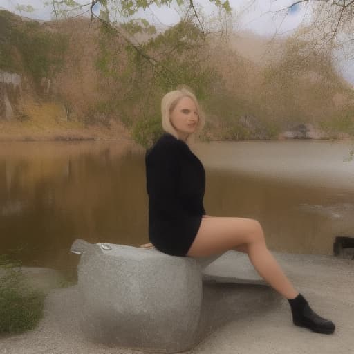  A blonde beauty sitting by the lake